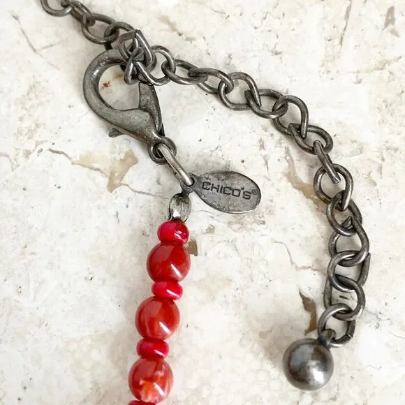 CHICOS Necklace Colorful Beaded Double Strand Tribal Red Brown Silver Vintage - Picture 10 of 11